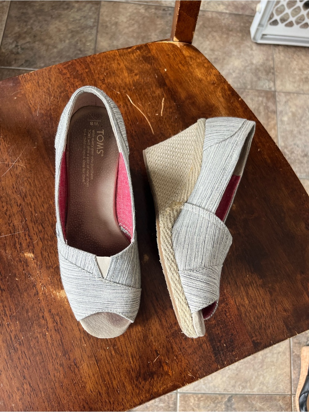 TOMS Light Gray Espadrille Wedge Peep-Toe Slip-On